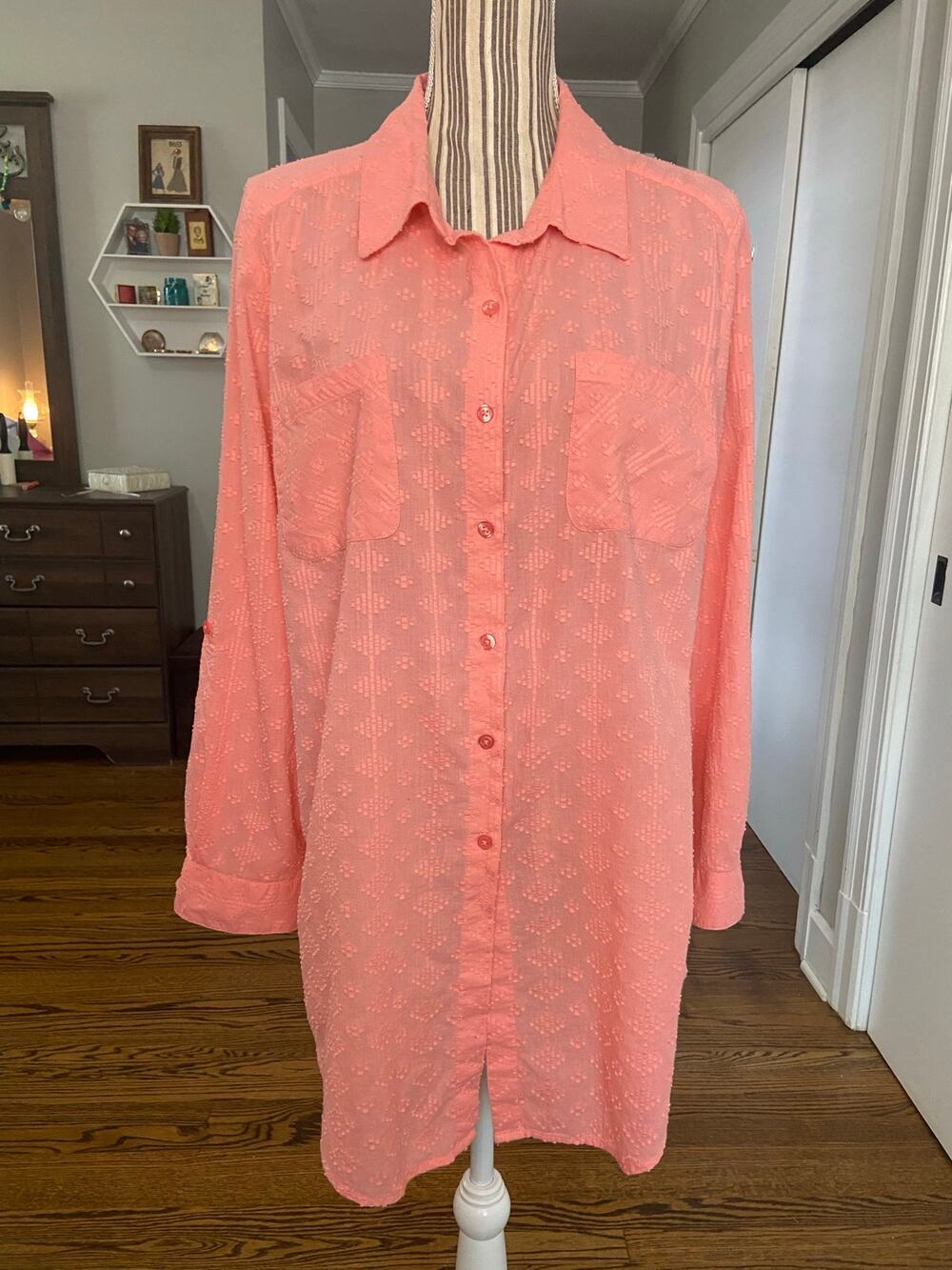 Style & Co. textured woven cotton button front blouse w/ roll tab sleeves